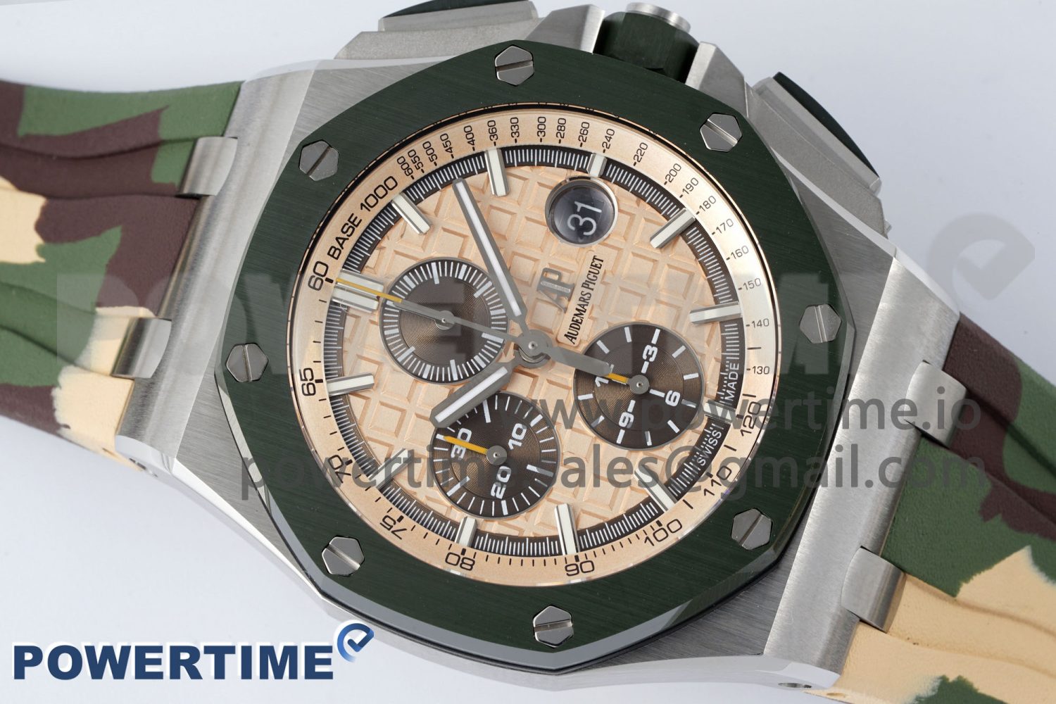 Royal Oak Offshore 44mm SS Green Ceramic Bezel APF 1:1 Best Edition Cream Dial on Camo Rubber Strap A3126 - Image 3