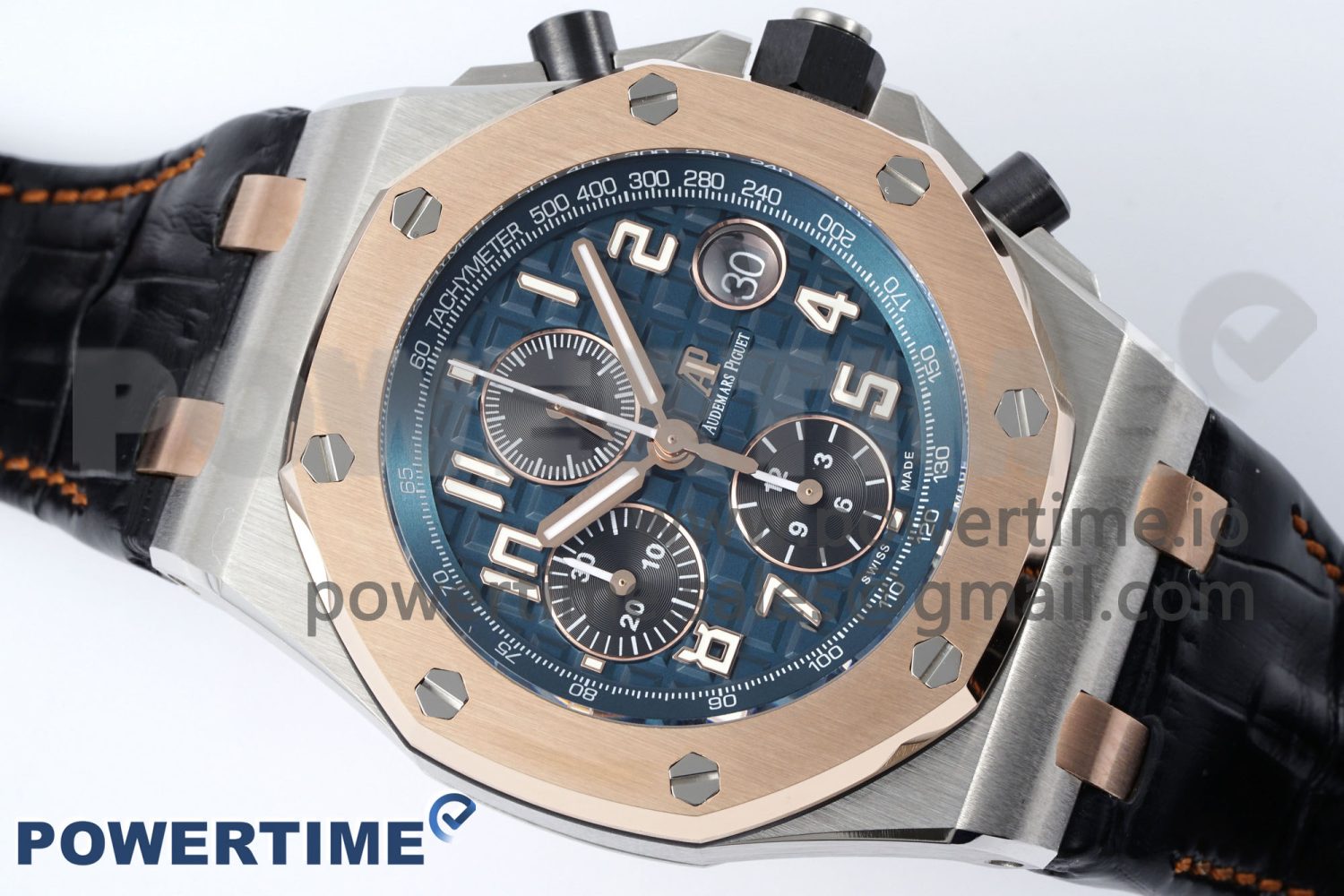 Royal Oak Offshore 42mm SS APF 1:1 Best Edition RG Bezel Blue Dial on Black Leather Strap A3126 - Image 3