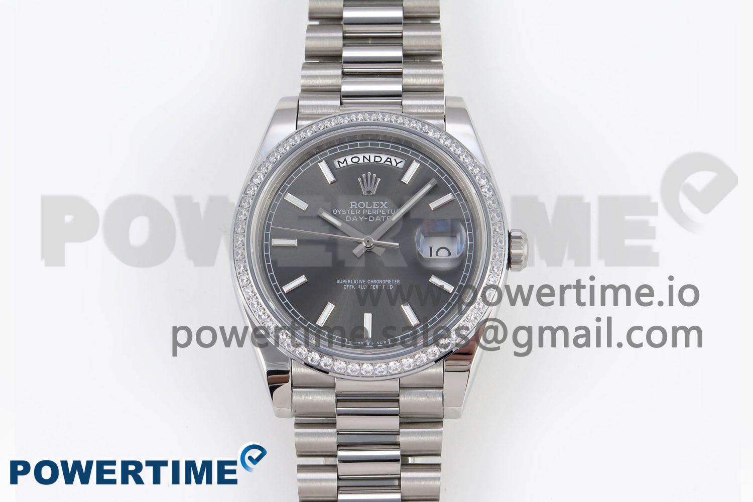 DayDate 40 SS GSF Gain Weight Gray Stick Dial Diamonds Bezel on President Bracelet A3255 - Image 1