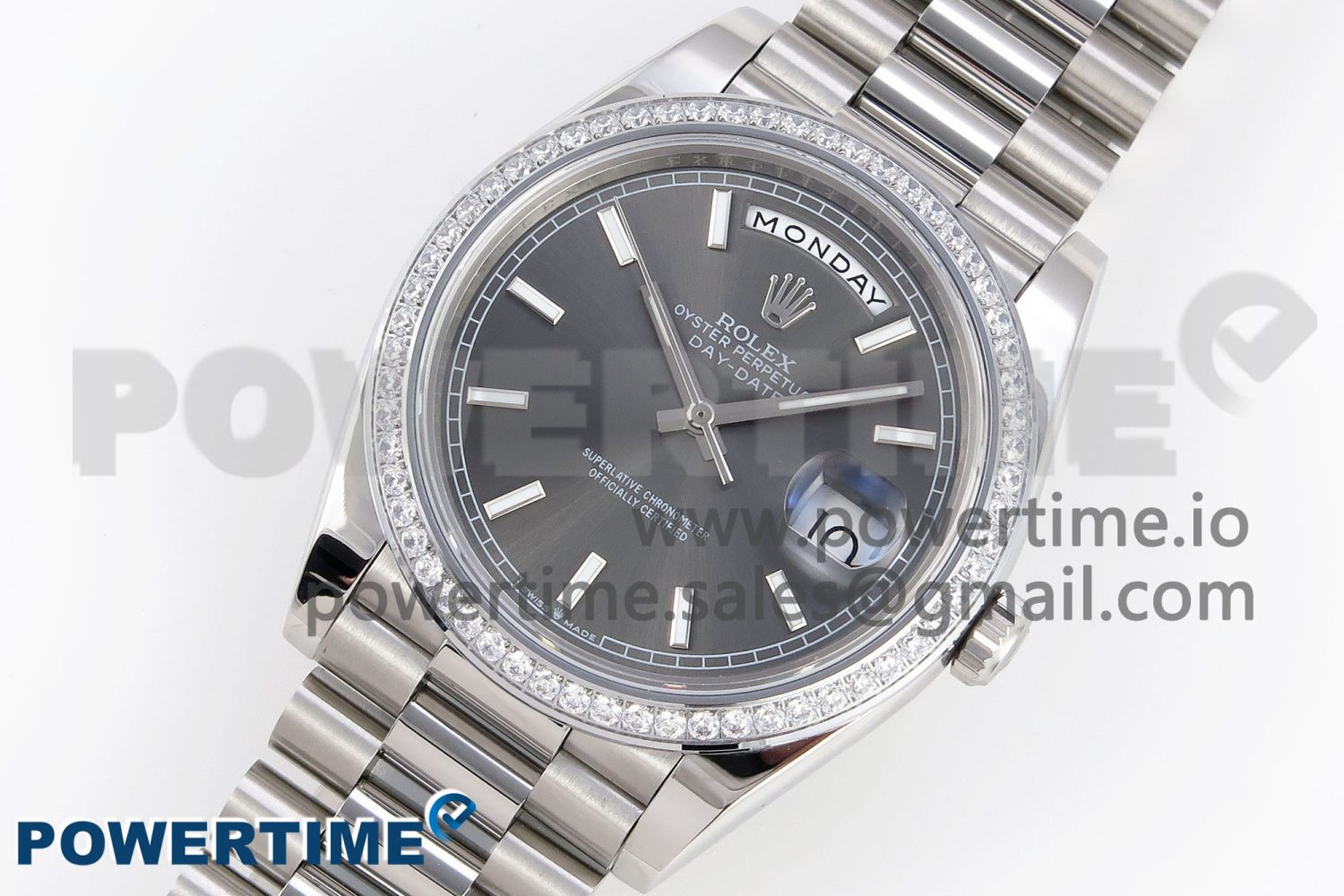 DayDate 40 SS GSF Gain Weight Gray Stick Dial Diamonds Bezel on President Bracelet A3255 - Image 2