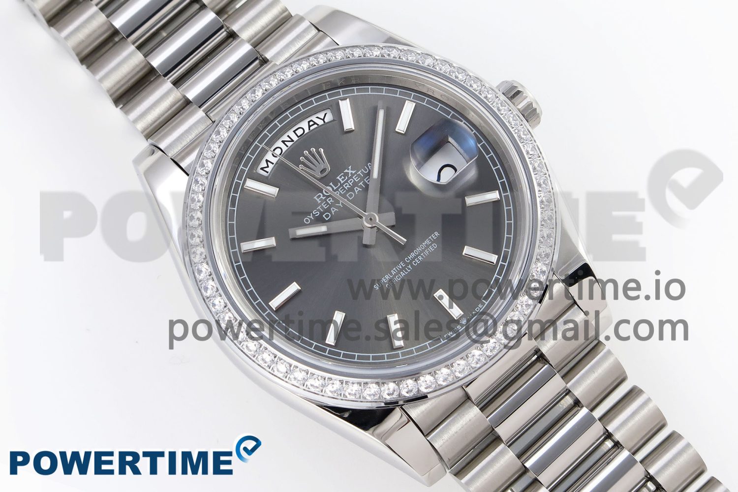 DayDate 40 SS GSF Gain Weight Gray Stick Dial Diamonds Bezel on President Bracelet A3255 - Image 3