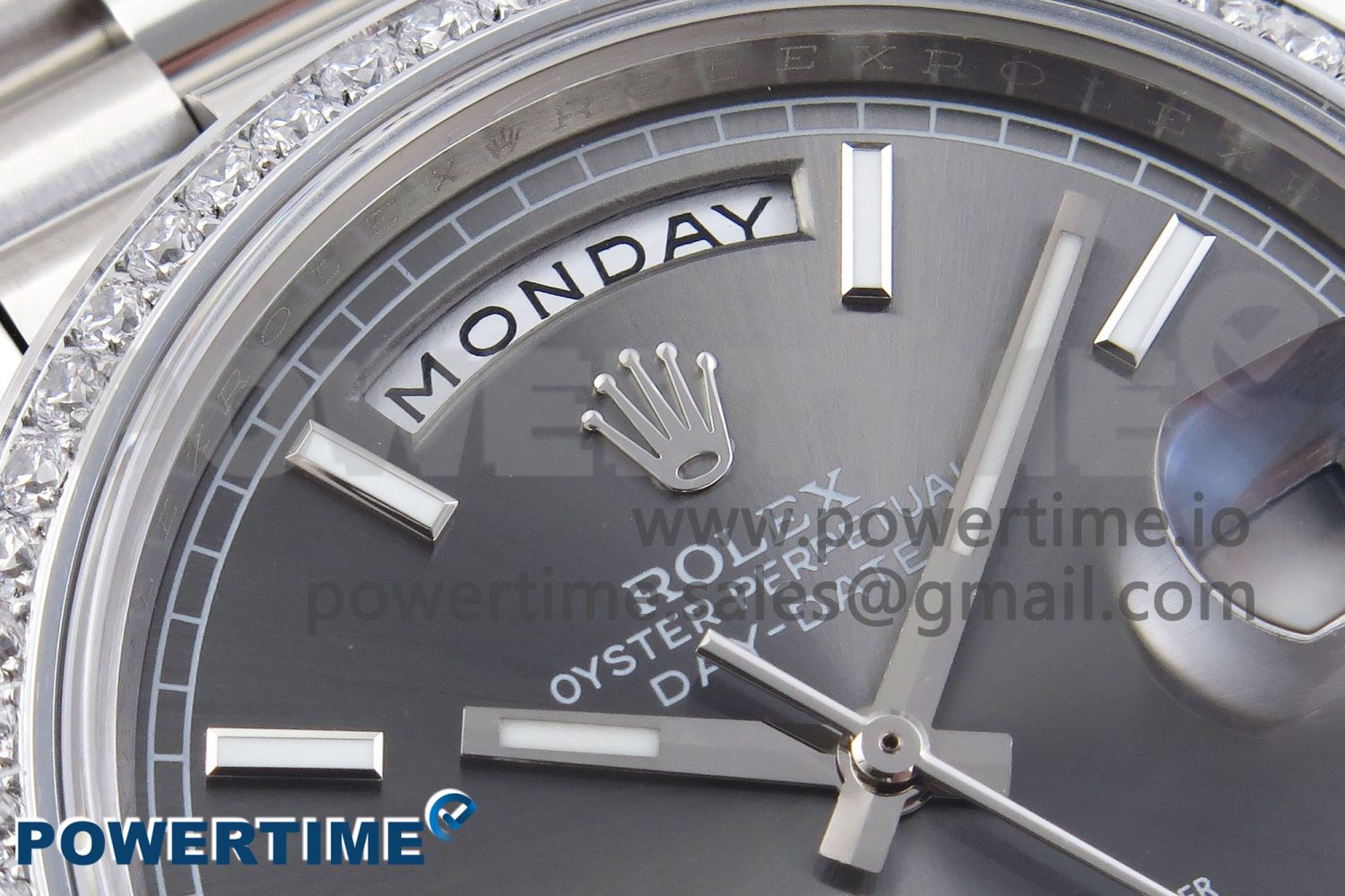 DayDate 40 SS GSF Gain Weight Gray Stick Dial Diamonds Bezel on President Bracelet A3255 - Image 4