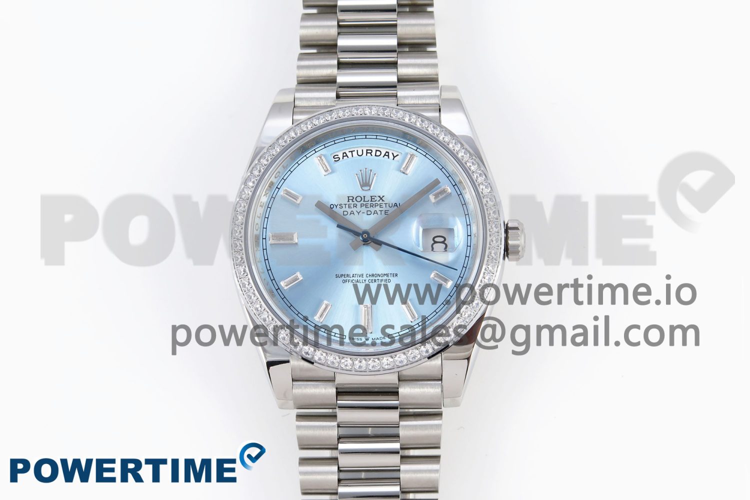 DayDate 40 SS GSF Gain Weight Ice Blue Crystal Dial Diamonds Bezel on President Bracelet A3255 - Image 1