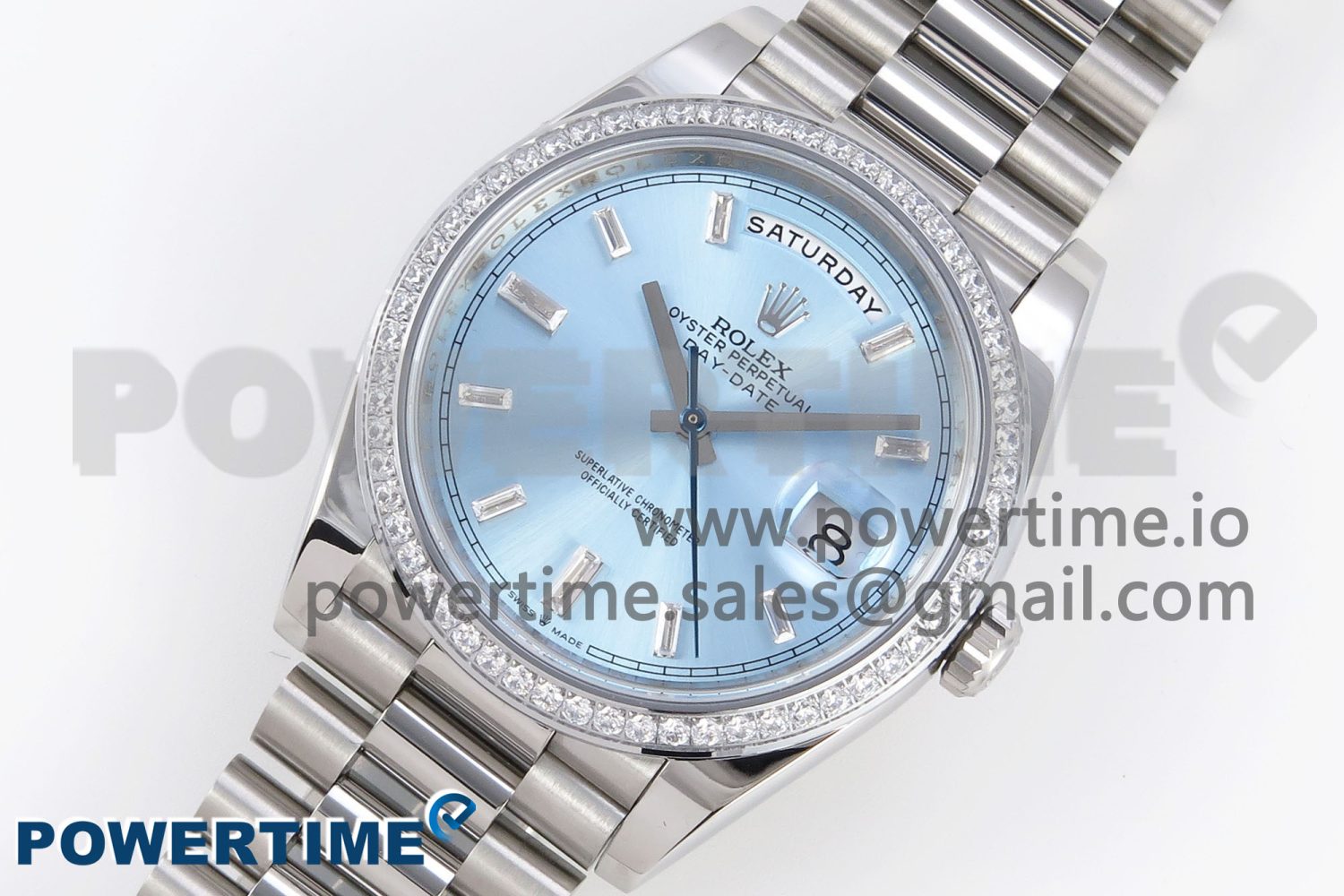 DayDate 40 SS GSF Gain Weight Ice Blue Crystal Dial Diamonds Bezel on President Bracelet A3255 - Image 2