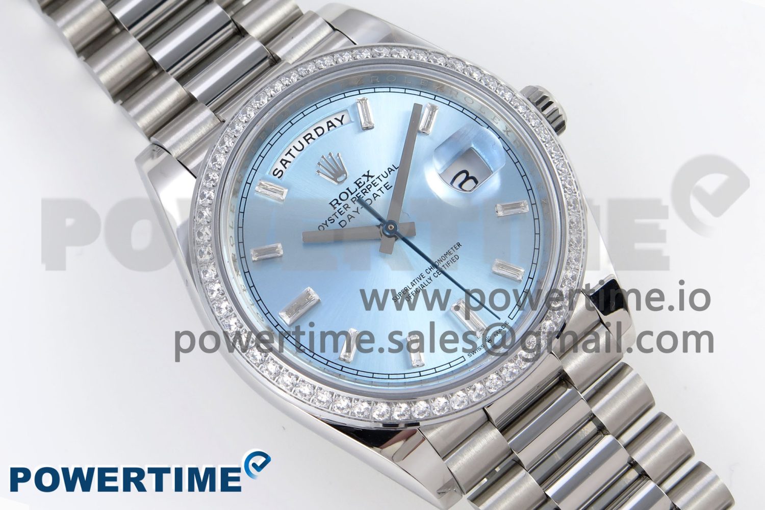 DayDate 40 SS GSF Gain Weight Ice Blue Crystal Dial Diamonds Bezel on President Bracelet A3255 - Image 3