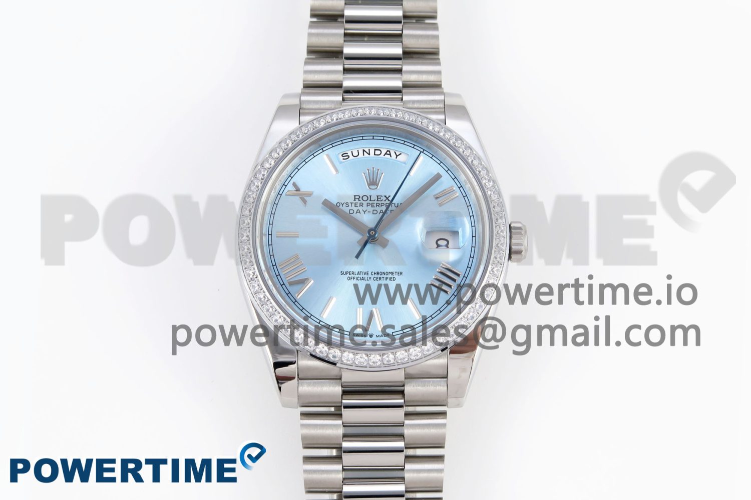 DayDate 40 SS GSF Gain Weight Ice Blue Roman Dial Diamonds Bezel on President Bracelet A3255 - Image 1