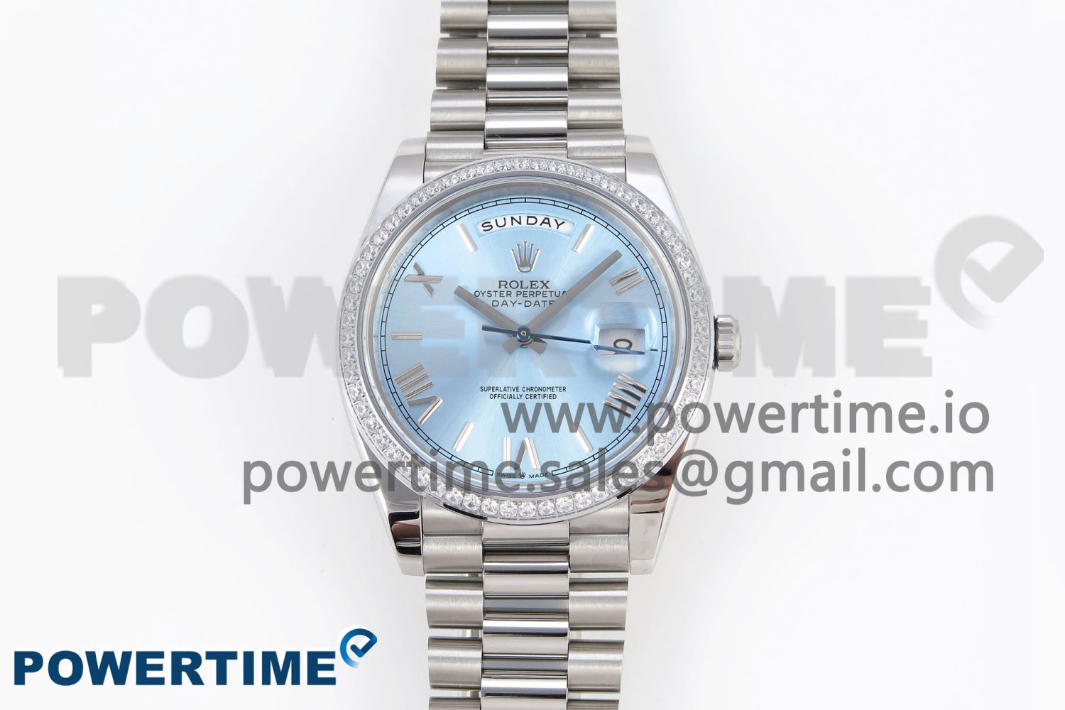 DayDate 40 SS GSF Gain Weight Ice Blue Roman Dial Diamonds Bezel on President Bracelet A3255 - Image 2