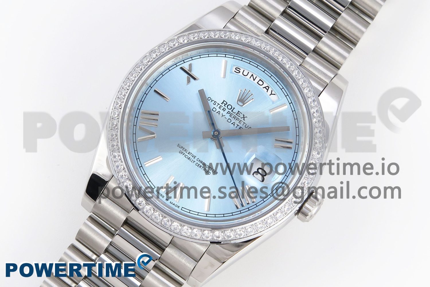DayDate 40 SS GSF Gain Weight Ice Blue Roman Dial Diamonds Bezel on President Bracelet A3255 - Image 3