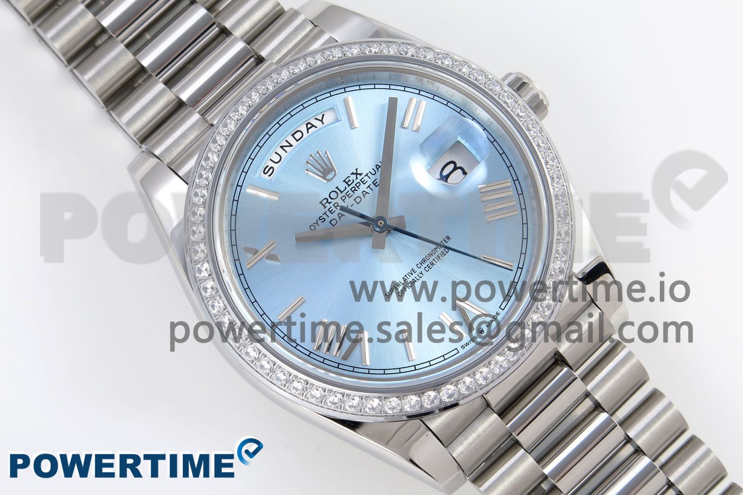 DayDate 40 SS GSF Gain Weight Ice Blue Roman Dial Diamonds Bezel on President Bracelet A3255 - Image 4