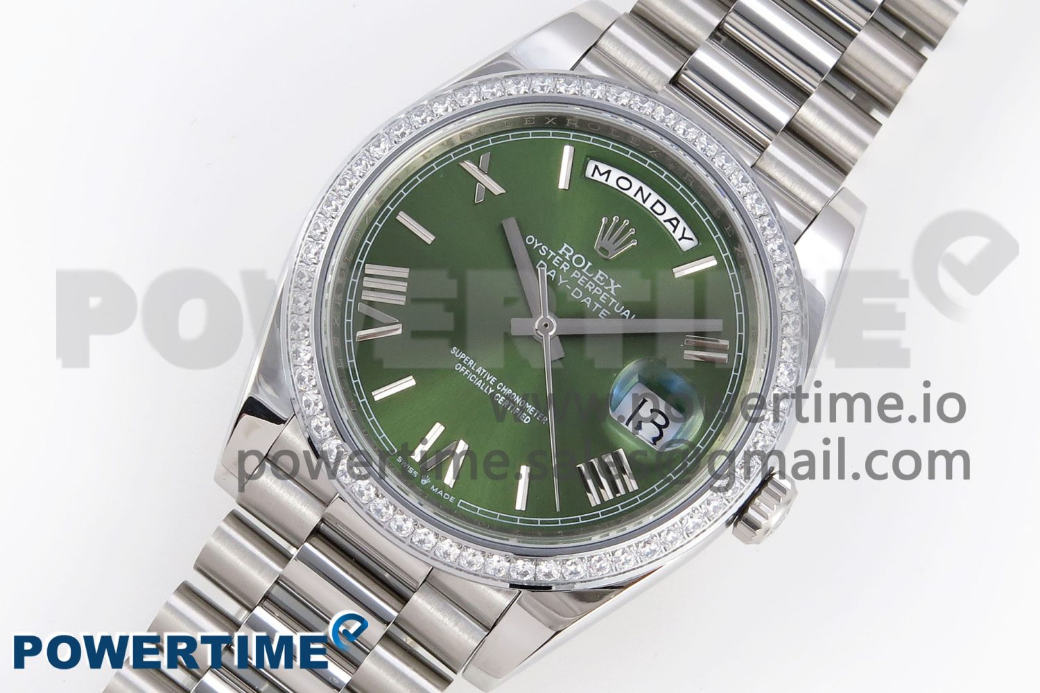 DayDate 40 SS GSF Gain Weight Green Roman Dial Diamonds Bezel on President Bracelet A3255 - Image 2