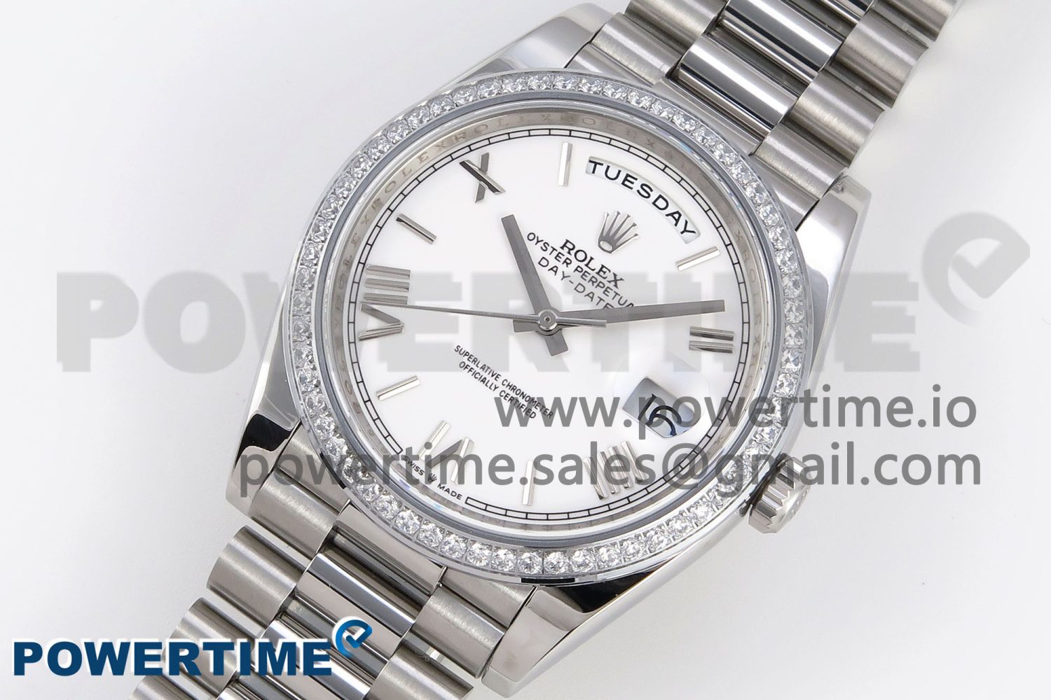 DayDate 40 SS GSF Gain Weight White Roman Dial Diamonds Bezel on President Bracelet A3255 - Image 2
