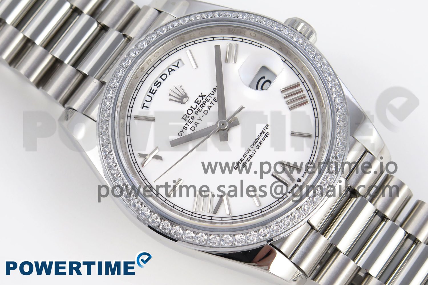 DayDate 40 SS GSF Gain Weight White Roman Dial Diamonds Bezel on President Bracelet A3255 - Image 3