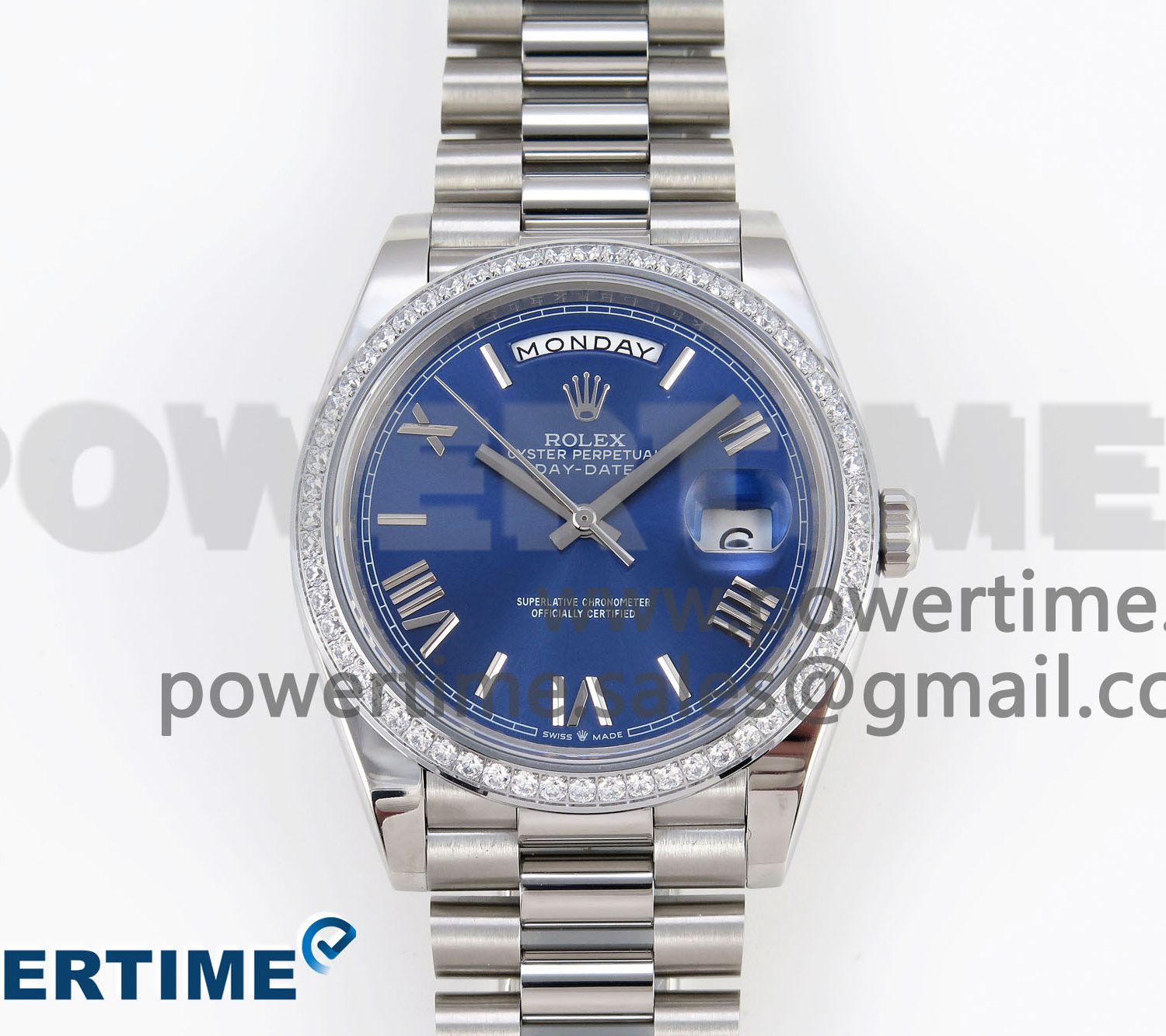 DayDate 40 SS GSF Gain Weight Blue Roman Dial Diamonds Bezel on President Bracelet A3255