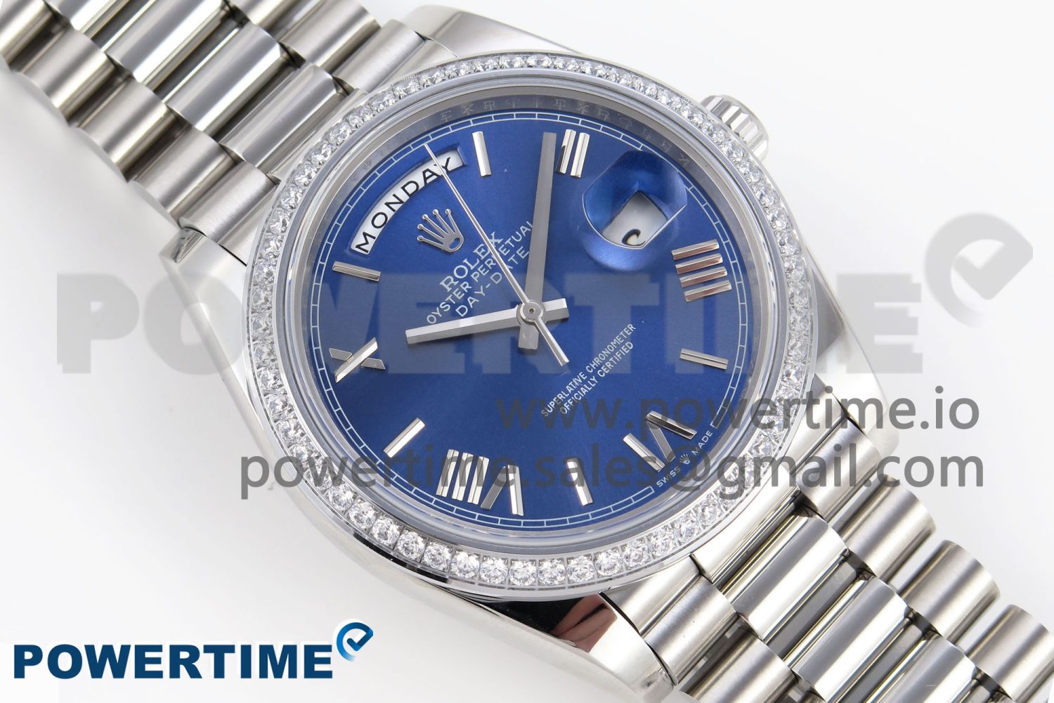 DayDate 40 SS GSF Gain Weight Blue Roman Dial Diamonds Bezel on President Bracelet A3255 - Image 3