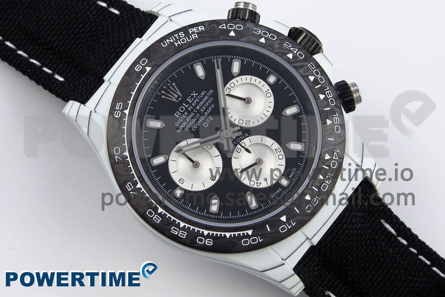 DAYTONA DIW WHITE CARBON CASE DIWF EDITION BLACK/WHITE DIAL ON BLACK NYLON STRAP A7750 - Image 3