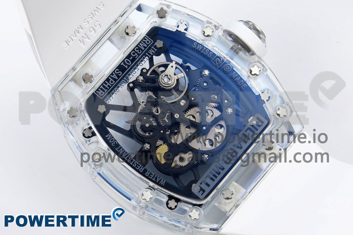 RM035 TRANSPARENT RMF BEST EDITION SKELETON BLUE DIAL ON WHITE RUBBER STRAP CLONE RMUL2 - Image 9