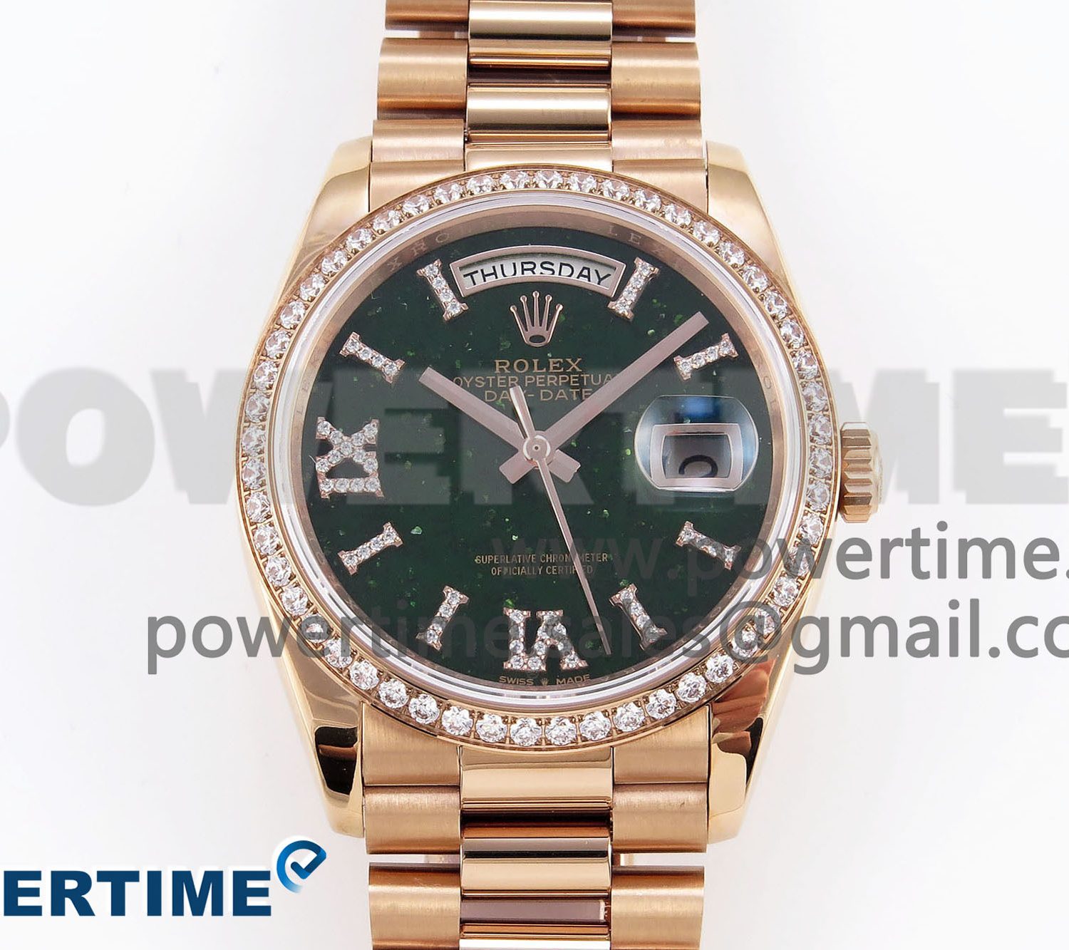 DAY DATE 36 RG RAF 1:1 BEST EDITION GREEN STONE DIAL DIAMONDS BEZEL ON RG BRACELET A2836