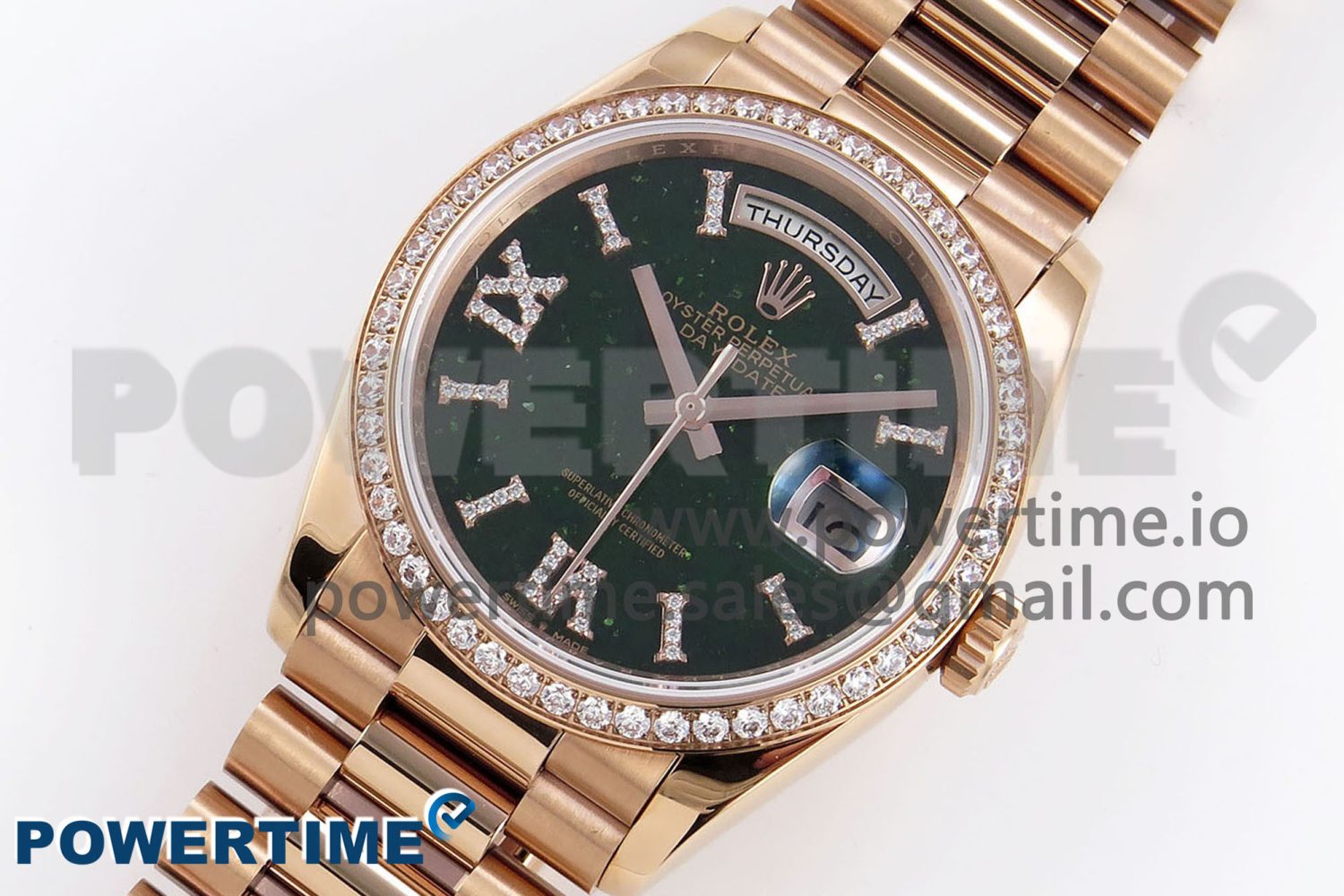 DAY DATE 36 RG RAF 1:1 BEST EDITION GREEN STONE DIAL DIAMONDS BEZEL ON RG BRACELET A2836 - Image 2
