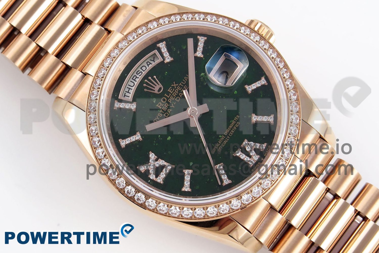 DAY DATE 36 RG RAF 1:1 BEST EDITION GREEN STONE DIAL DIAMONDS BEZEL ON RG BRACELET A2836 - Image 3