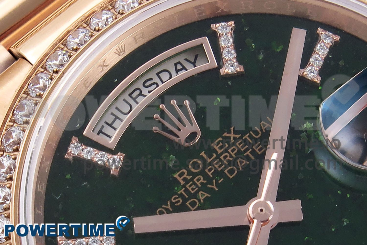 DAY DATE 36 RG RAF 1:1 BEST EDITION GREEN STONE DIAL DIAMONDS BEZEL ON RG BRACELET A2836 - Image 4
