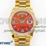 DAY DATE 36 YG RAF 1:1 BEST EDITION RED CARNELIAN DIAL DIAMONDS BEZEL ON YG BRACELET A2836