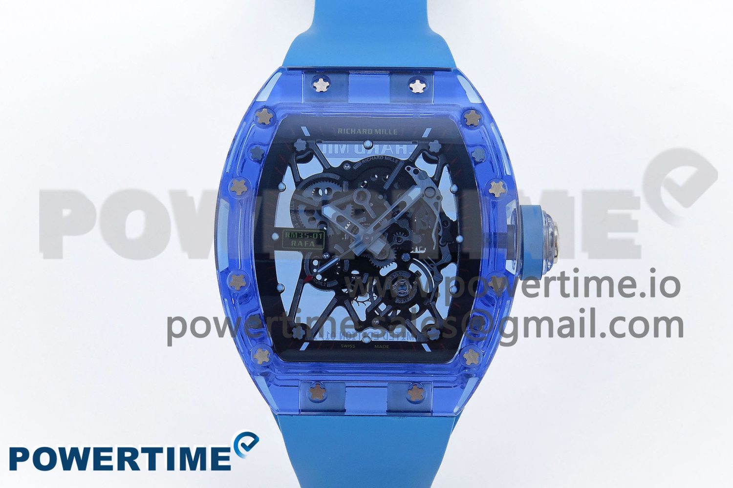 RM035 BLUE TRANSPARENT RMF BEST EDITION SKELETON DIAL ON BLUE RUBBER STRAP CLONE RMUL2 - Image 1