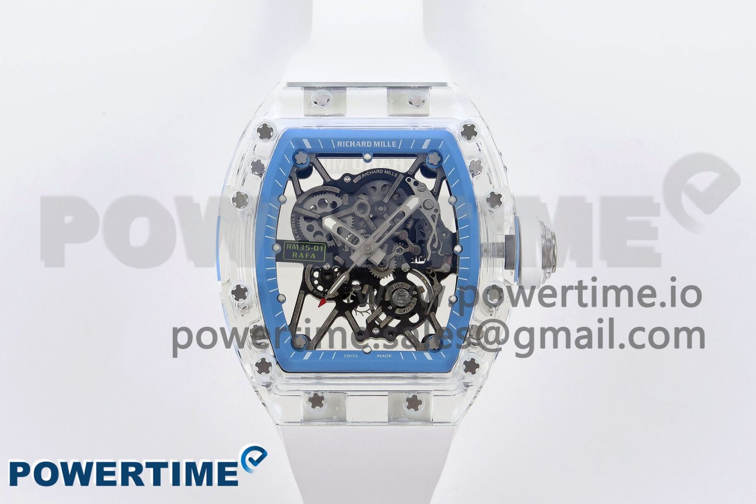RM035 TRANSPARENT RMF BEST EDITION SKELETON BLUE DIAL ON WHITE RUBBER STRAP CLONE RMUL2 - Image 1