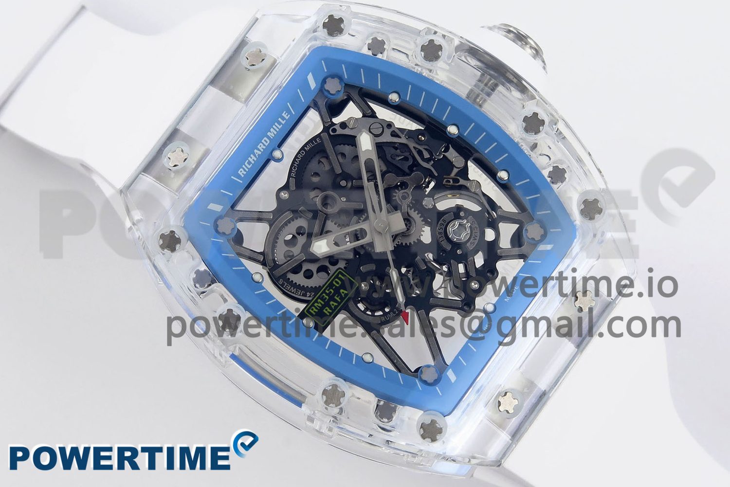 RM035 TRANSPARENT RMF BEST EDITION SKELETON BLUE DIAL ON WHITE RUBBER STRAP CLONE RMUL2 - Image 3