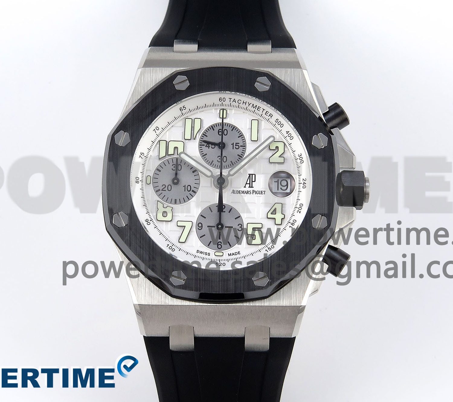 ROYAL OAK OFFSHORE 42MM SS BLACK CERAMIC BEZEL APF 1:1 BEST EDITION WHITE/SILVER DIAL ON BLACK RUBBER STRAP A7750