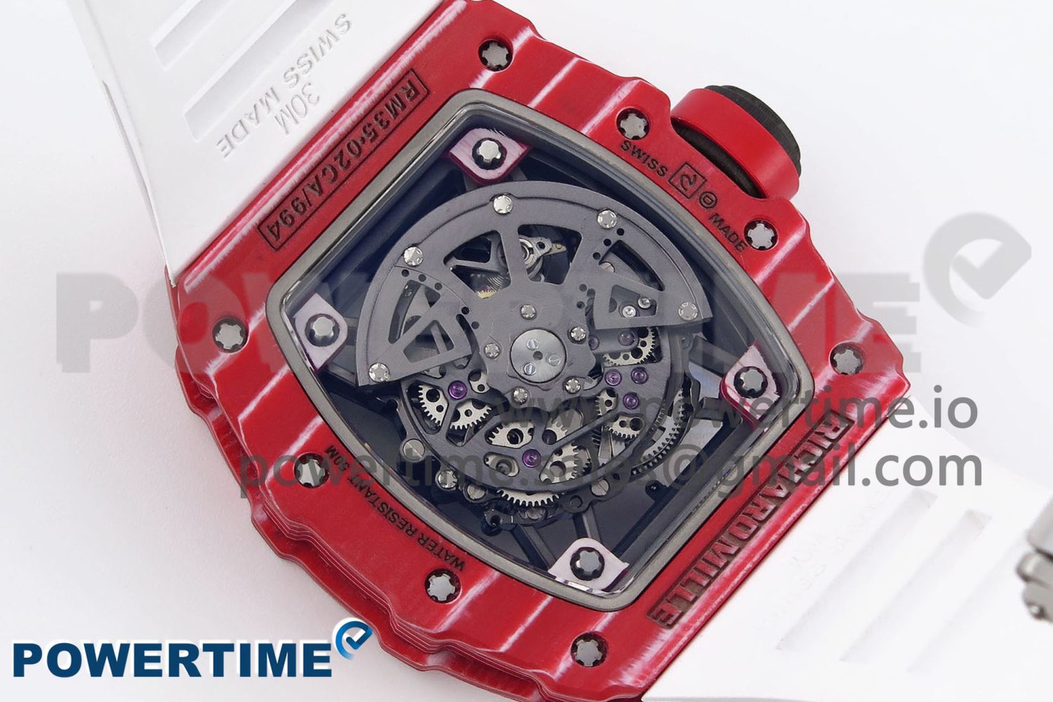 RM035 RED CARBON T+F BEST EDITION SKELETON DIAL ON WHITE RUBBER STRAP CLONE RMUL2 - Image 10