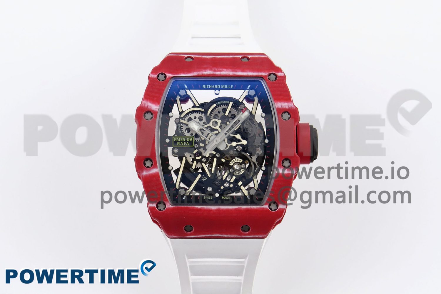 RM035 RED CARBON T+F BEST EDITION SKELETON DIAL ON WHITE RUBBER STRAP CLONE RMUL2 - Image 1