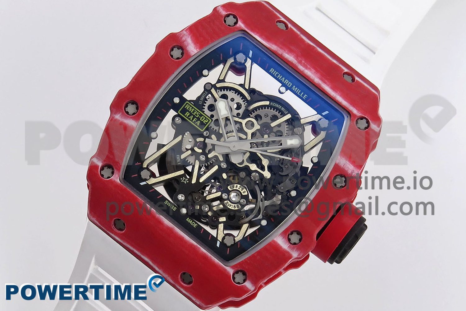 RM035 RED CARBON T+F BEST EDITION SKELETON DIAL ON WHITE RUBBER STRAP CLONE RMUL2 - Image 2