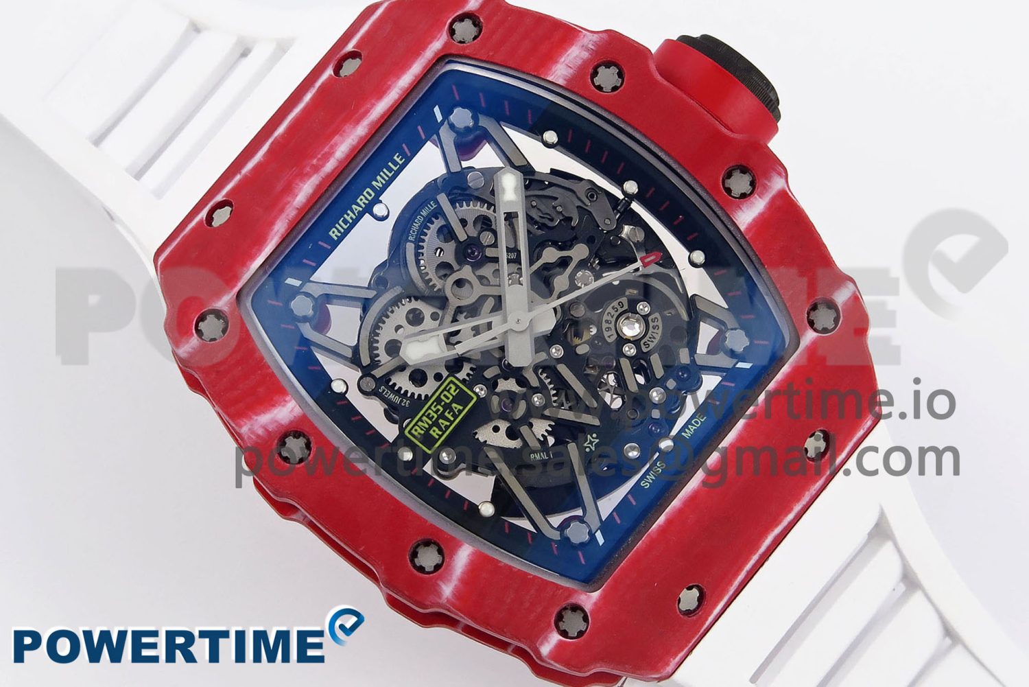RM035 RED CARBON T+F BEST EDITION SKELETON DIAL ON WHITE RUBBER STRAP CLONE RMUL2 - Image 3