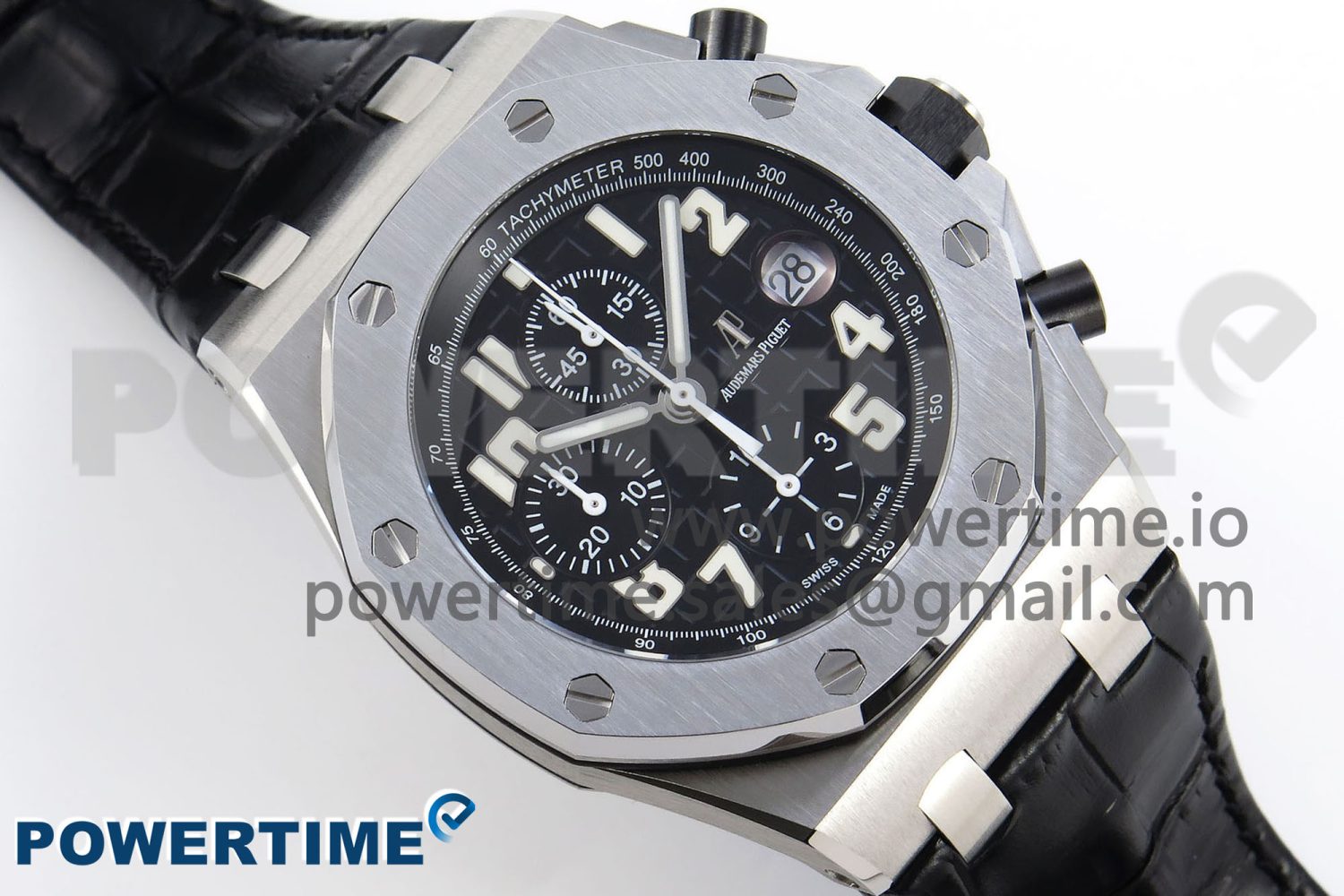 Royal Oak Offshore 42mm SS APF 1:1 Best Edition Black Dial White Markers on Black Leather Strap A7750 - Image 3
