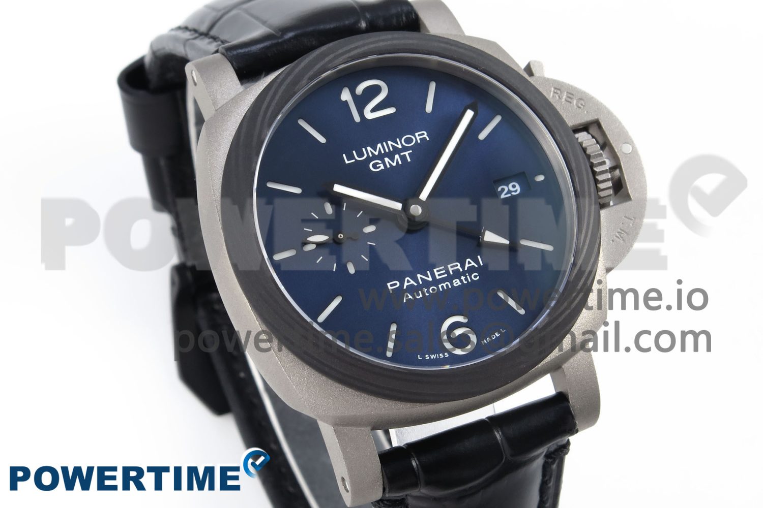 PAM1279 X LUMINOR GMT 42MM TITANIUM VSF 1:1 BEST EDITION BLUE DIAL ON BLACK LEATHER STRAP P.9011 SUPER CLONE - Image 2