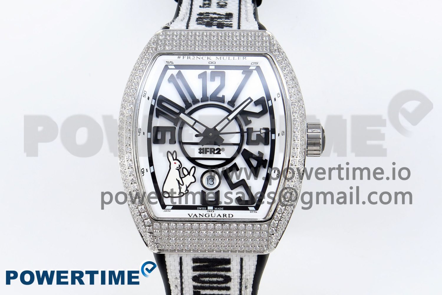 #FR2NCK Muller Vanguard SS Full Diamonds ABF Best Edition White Dial on Black Rubber Strap A2824 - Image 1