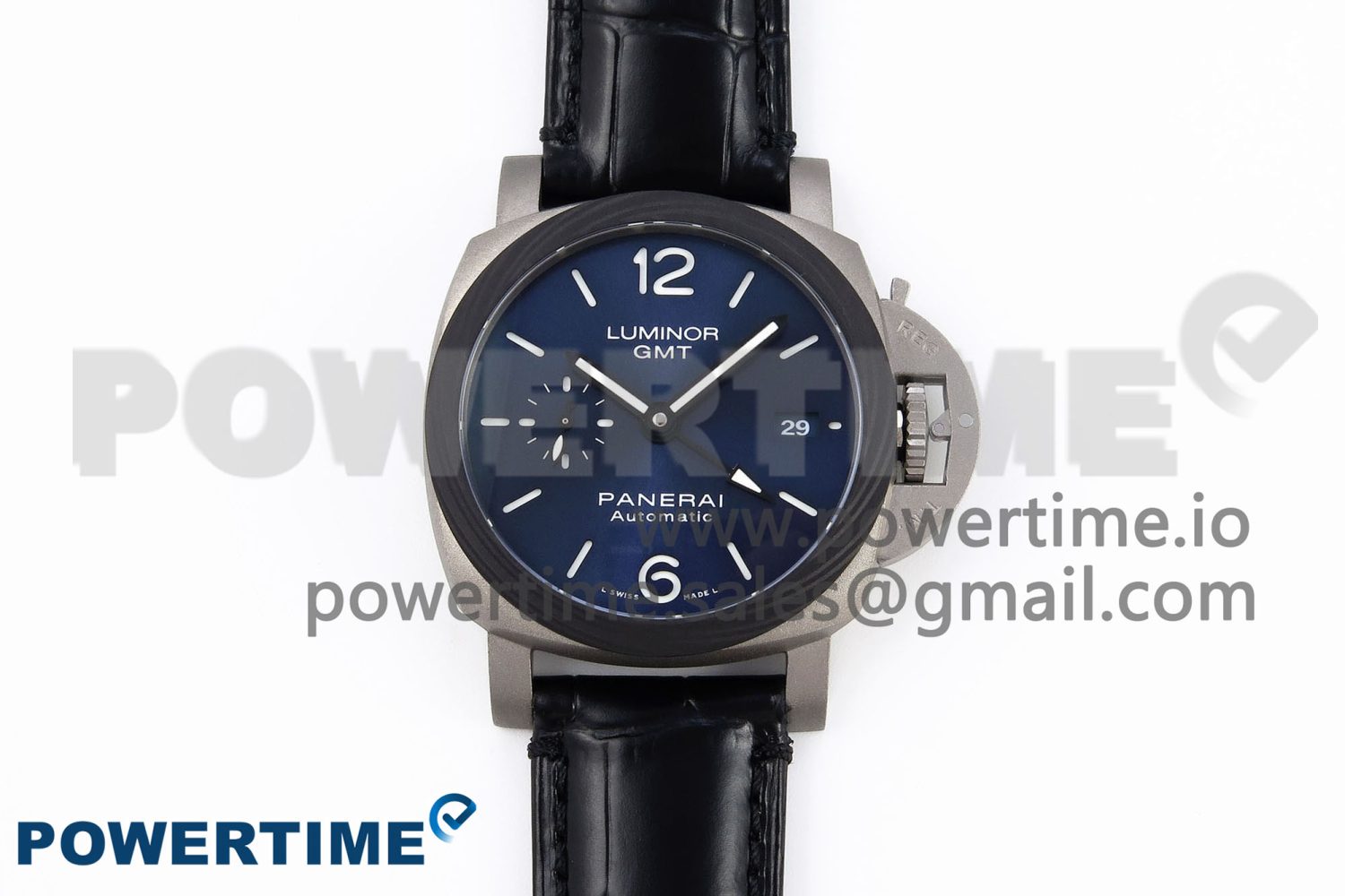 PAM1279 X LUMINOR GMT 42MM TITANIUM VSF 1:1 BEST EDITION BLUE DIAL ON BLACK LEATHER STRAP P.9011 SUPER CLONE - Image 1