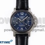 PAM1279 X LUMINOR GMT 42MM TITANIUM VSF 1:1 BEST EDITION BLUE DIAL ON BLACK LEATHER STRAP P.9011 SUPER CLONE