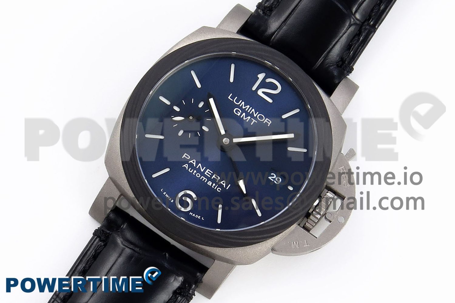 PAM1279 X LUMINOR GMT 42MM TITANIUM VSF 1:1 BEST EDITION BLUE DIAL ON BLACK LEATHER STRAP P.9011 SUPER CLONE - Image 3