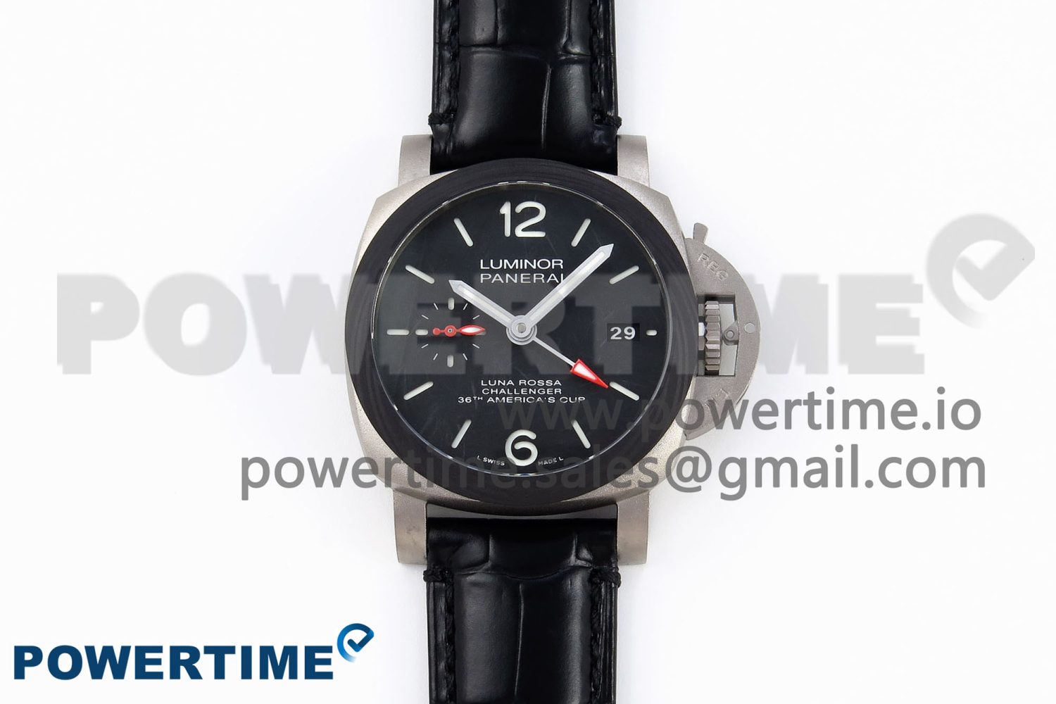 PAM1096 W LUMINOR GMT 42MM TITANIUM VSF 1:1 BEST EDITION BLACK DIAL ON BLACK LEATHER STRAP P.9011 SUPER CLONE - Image 1