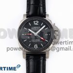 PAM1096 W LUMINOR GMT 42MM TITANIUM VSF 1:1 BEST EDITION BLACK DIAL ON BLACK LEATHER STRAP P.9011 SUPER CLONE