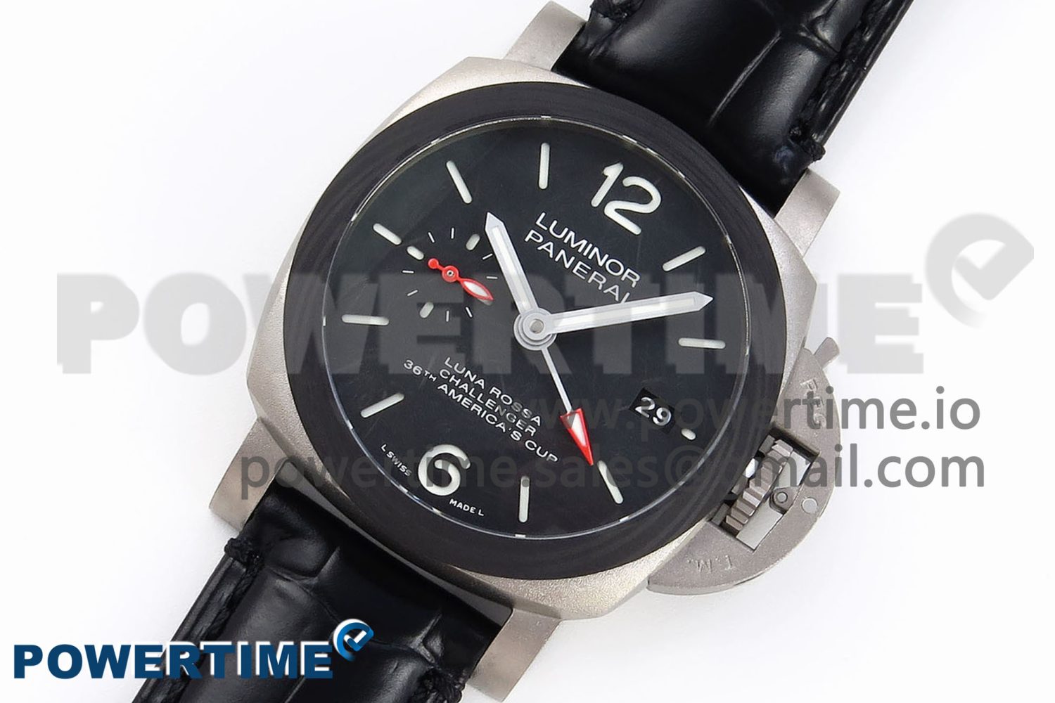 PAM1096 W LUMINOR GMT 42MM TITANIUM VSF 1:1 BEST EDITION BLACK DIAL ON BLACK LEATHER STRAP P.9011 SUPER CLONE - Image 2