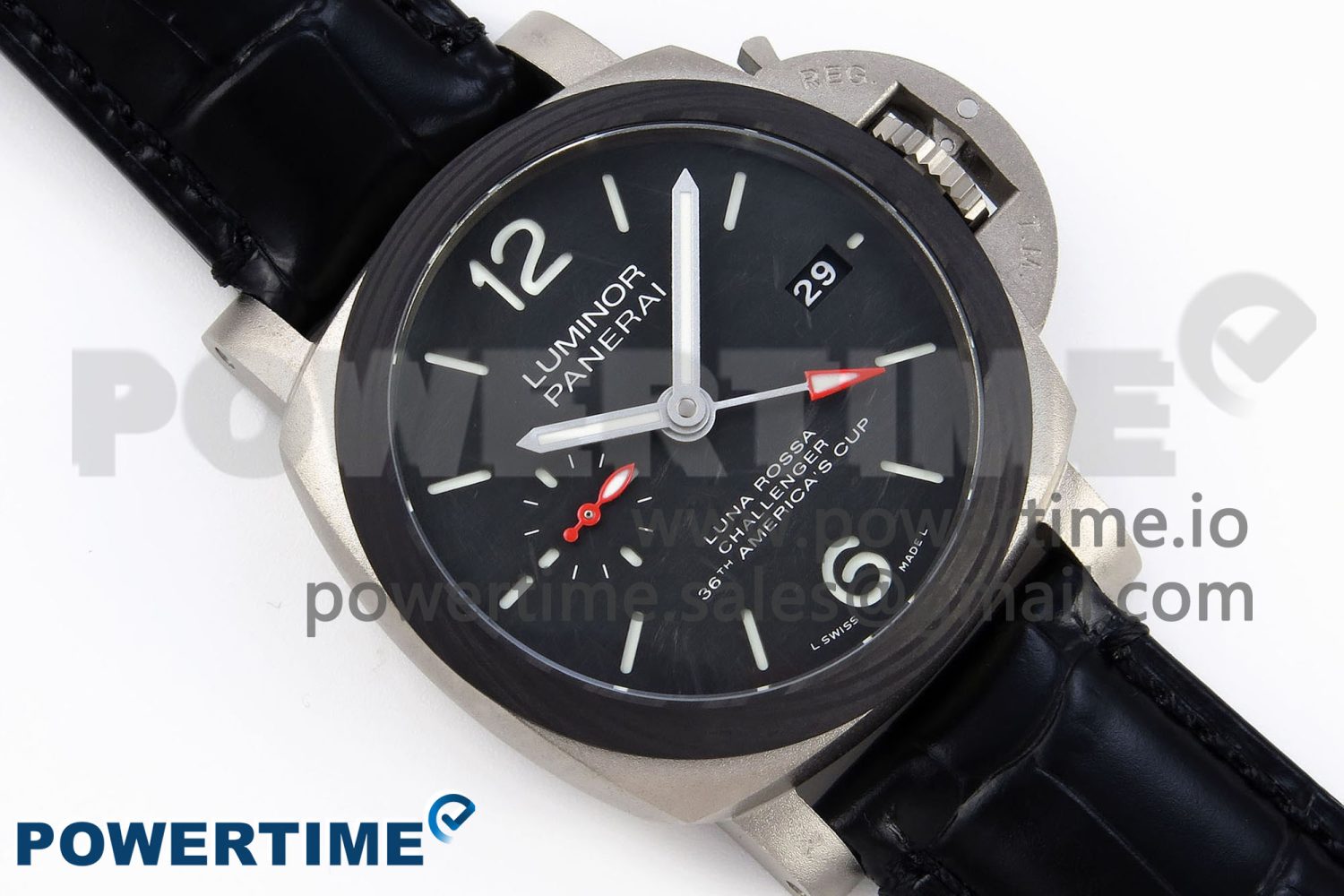 PAM1096 W LUMINOR GMT 42MM TITANIUM VSF 1:1 BEST EDITION BLACK DIAL ON BLACK LEATHER STRAP P.9011 SUPER CLONE - Image 3