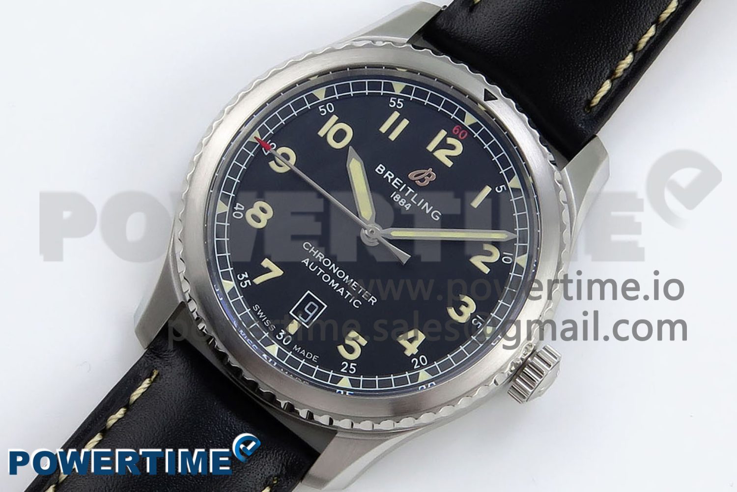 Navitimer 8 Automatic 41mm SS TF 1:1 Best Edition Black Dial on Black Leather Strap A2824 - Image 2