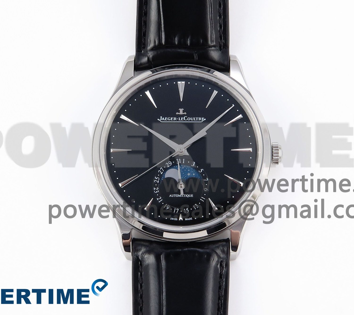 Master Ultra Thin Moon SS APSF 1:1 Best Edition Black Dial on Black Leather Strap SA925 Super Clone