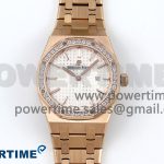 Lady Royal Oak 33mm 67651 Diamonds Bezel RG ZF 1:1 Best Edition White Textured Dial on RG Bracelet RONDA Quartz