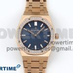 Lady Royal Oak 33mm 67651 Diamonds Bezel RG ZF 1:1 Best Edition Blue Textured Dial on RG Bracelet RONDA Quartz