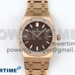 Lady Royal Oak 33mm 67651 Diamonds Bezel RG ZF 1:1 Best Edition Brown Textured Dial on RG Bracelet RONDA Quartz