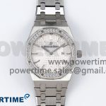 Lady Royal Oak 33mm 67651 Diamonds SS ZF 1:1 Best Edition White Textured Dial on SS Bracelet RONDA Quartz