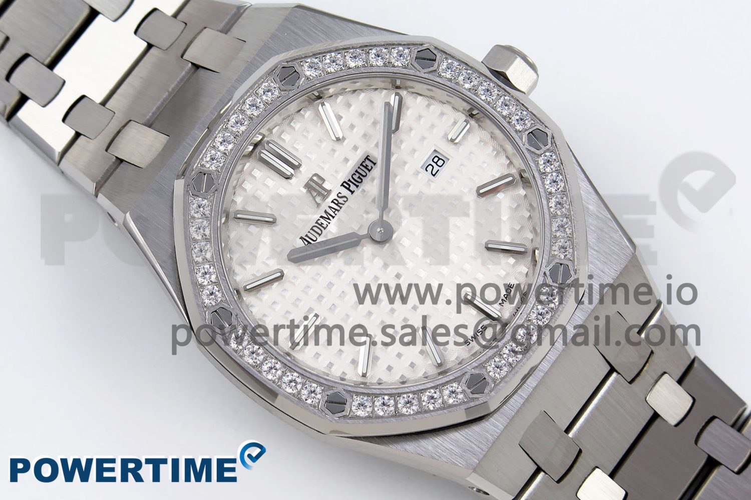 Lady Royal Oak 33mm 67651 Diamonds SS ZF 1:1 Best Edition White Textured Dial on SS Bracelet RONDA Quartz - Image 3